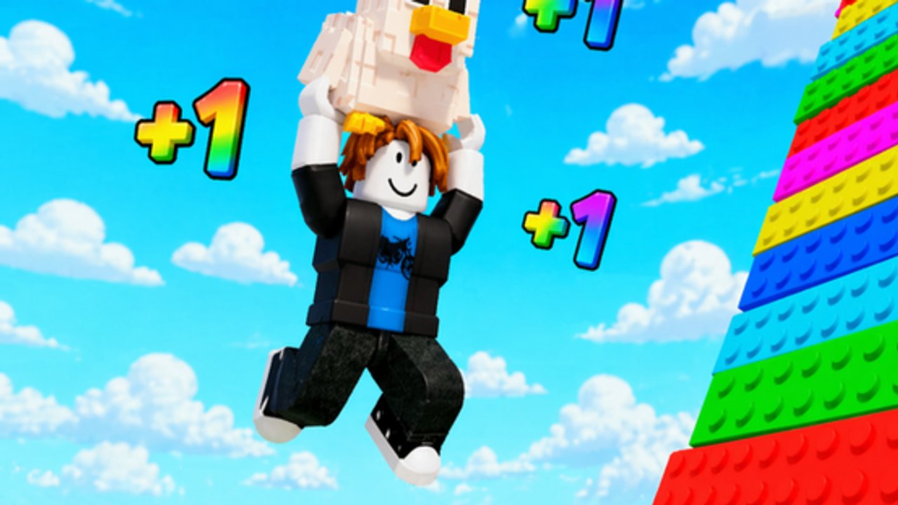 Jump for Animals Roblox character leaping with a Basic chicken while rainbow plus-one pops appear